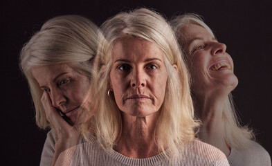 Senior woman, bipolar or mental health for depression, psychology or mood swings. Mature female, depressed or schizophrenia with identity crisis, trauma anxiety or problem with portrait, sad or smile