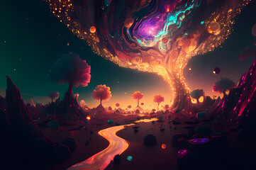 Fluorescent Dreamy Mystical colorful glowing fantasy world Imagination of start of mind