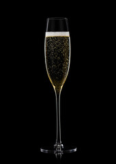 Original glass with yellow golden champagne on black background.
