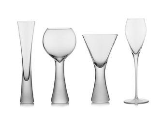 Set of various luxury wine and champagne glasses on white background.Balloon shape,flute and prosecco glasses.