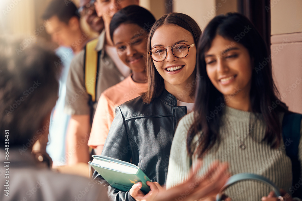 Canvas Prints Diversity, students and happy for education, standing in corridor ready for learning in college classroom. University, success support and career development or happy mindset in building hallway