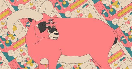 Fashion minimal illustration. Retro goat and geometry. Trendy trippy colors design