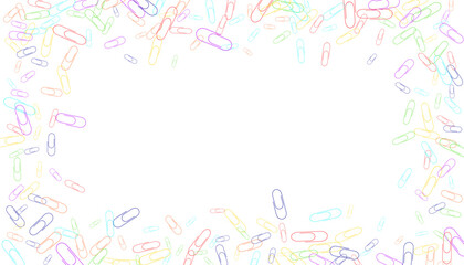Paper clips are scattered on a white background. Decorative element. Background for design, school and office supplies