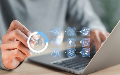 Education on internet, e-learning concept. Person who attends online lessons on a digital screen. Education internet Technology..
