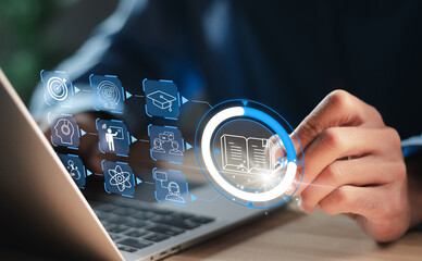 Education on internet, e-learning concept. Person who attends online lessons on a digital screen. Education internet Technology..