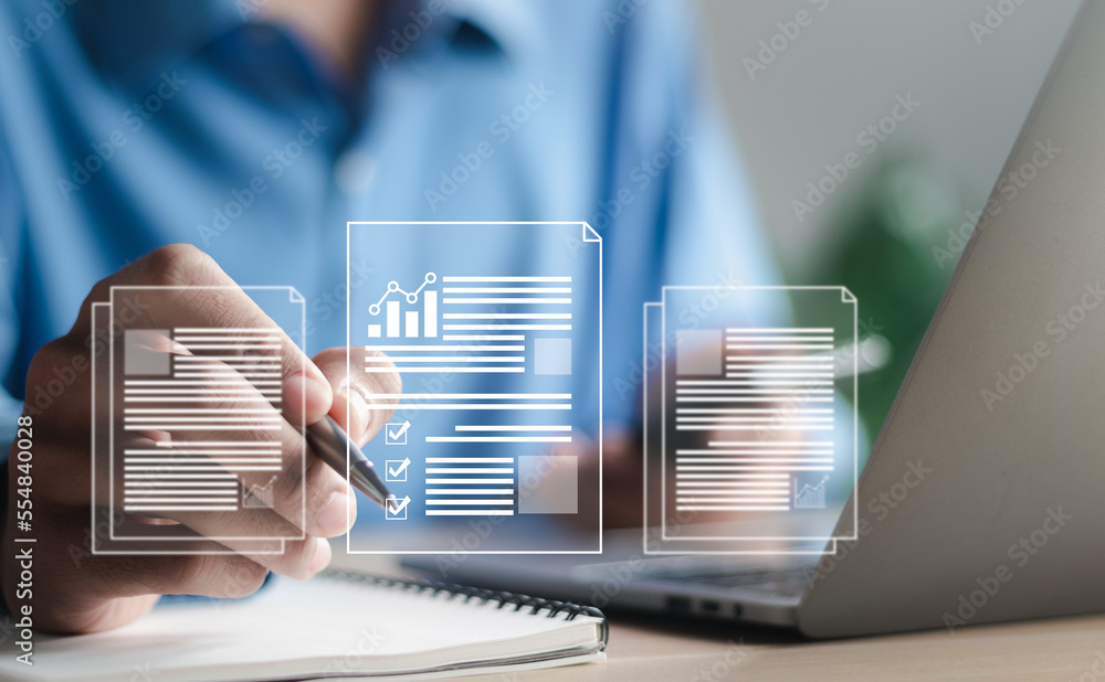Poster businessman analyzing sales data graph growth on strategy modern interface icons. digital online mar
