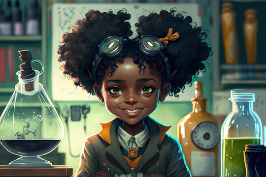 Smiling Black Girl Scientist, African-american Kids Doing Science Experiment Research In The Lab, Digital Illustration