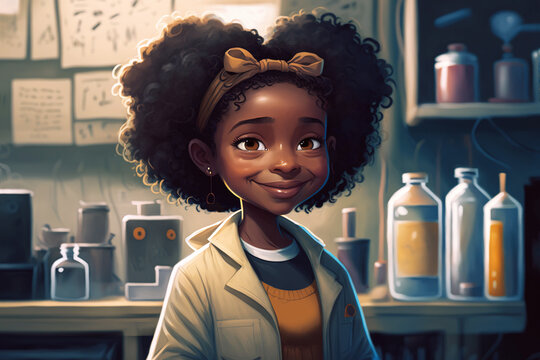 Smiling Black Girl Scientist, African-american Kids Portrait In The Lab, Digital Illustration