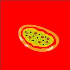 pizza on a red background