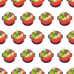 cartoon sukiyaki, japanese food seamless pattern on colorful background
