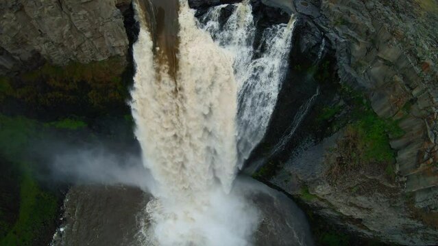 Waterfall Edge Aerial Fly Over Epic Palouse Falls at High Flow