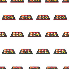 cartoon sushi nigiri set, japanese food seamless pattern on colorful background