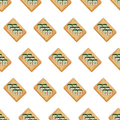 cartoon sushi roll, japanese food seamless pattern on colorful background