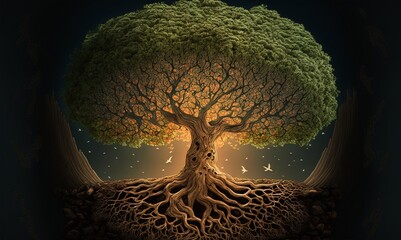 Tree of Life Shining and Glowing. Fantasy Life Tree at the Epic Sky Background. Generative AI.