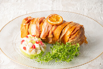 Top view of turkey roti with bacon, apple salad, on white tablecloth, horizontal