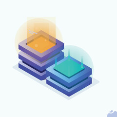 Various Devices Secure Connected to Data Center with Cloud Computing Technology. Cyber Security and Personal Data Protection Concept. Flat Isometric Vector Illustration.