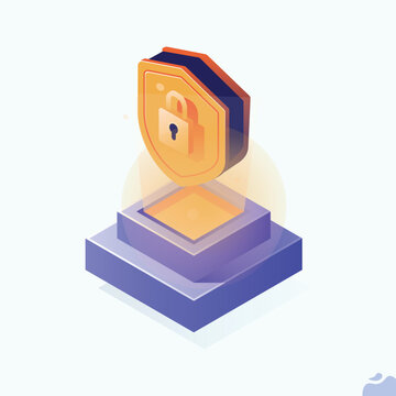 Various Devices Secure Connected to Data Center with Cloud Computing Technology. Cyber Security and Personal Data Protection Concept. Flat Isometric Vector Illustration.