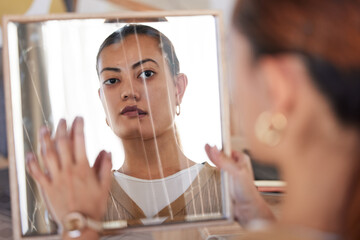 Broken mirror, bipolar woman and reflection of anxiety, depression or psychology, identity crisis...