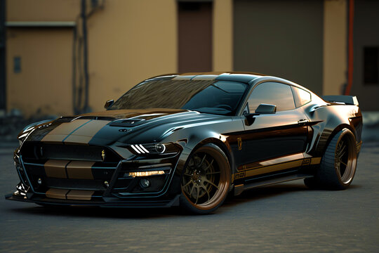 black ford mustang with racing stickers in a empty street, sports car, fictional car made with generative ai © overrust