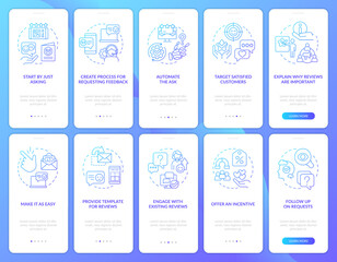 Earning customer loyalty blue gradient onboarding mobile app screen set. Walkthrough 5 steps graphic instructions with linear concepts. UI, UX, GUI template. Myriad Pro-Bold, Regular fonts used