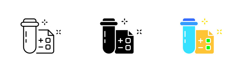 Test tube set icon. Chemistry, laboratory analysis, virus test, covid, coronavirus, reagents, laboratory, medical research, antibiotic. Science concept. Vector icon in line, black and colorful style