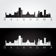 Fototapeta premium Oklahoma state skyline and landmarks silhouette, black and white design. Vector illustration.