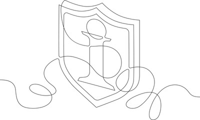 One continuous line.Protection of information. Shield symbol of security. Information logo. Symbol letter I. One continuous line on a white background.