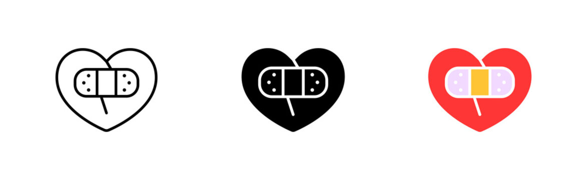 Broken Heart With Patch Set Icon. Relationships, Band Aid, Sad, Upset, Heal, Care, Plaster, Betrayal, Lie, Deceive. Feelings Concept. Vector Icon In Line, Black And Colorful Style On White Background