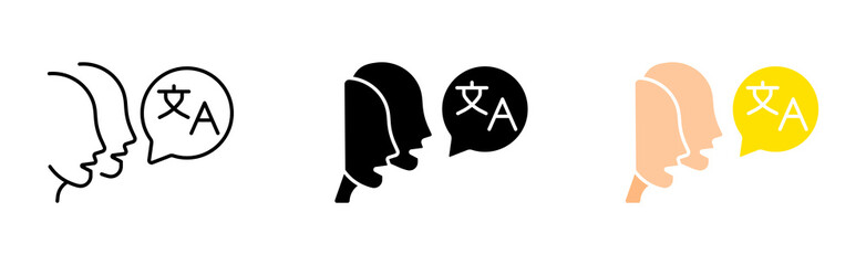 Conversation in different languages set icon. Translator, Translate site into your language, glossar, polyglot. Vocabulary concept. Vector icon in line, black and colorful style on white background