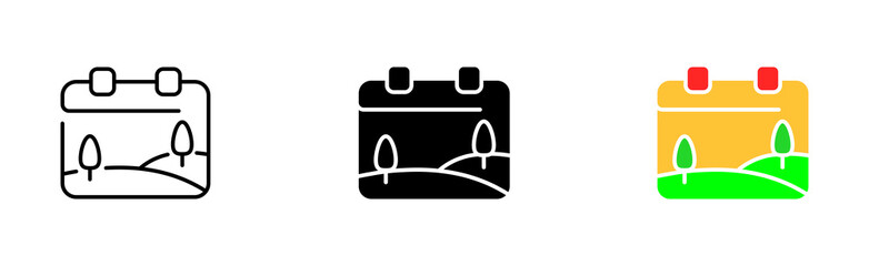 Calendars set icon. Schedule, appointment, planned event, notification, bell, birthday, pencil, digital, blank. Planning concept. Vector icon in line, black and colorful style on white background