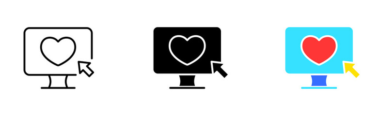 Dating website line icon. App, computer monitor with cursor, heart, love, date, couple, sympathy, feelings. Relationships concept. Vector icon in line, black and colorful style on white background