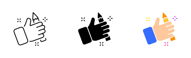 Graphics set icon. Creativity, creative occupation, compass, puzzle pieces, hand, brush, palette, three-dimensional cube, pen tool, draw, drawing, picture, frame, gear. Vector line icon