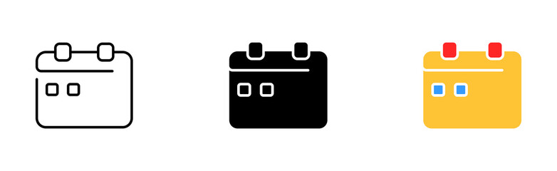 Calendars set icon. Schedule, appointment, planned event, notification, holiday, birthday, black friday, digital, plus, add, event, share, blank. Vector icon in line, black and colorful style