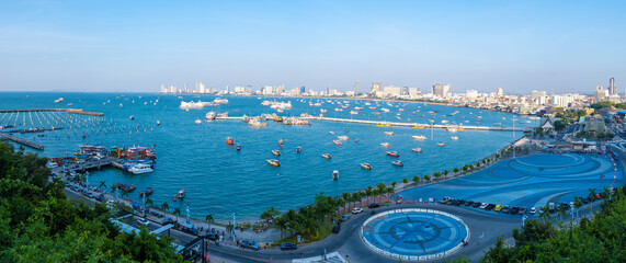 Pattaya skyline with a blue ocean from the hill viewpoint Pattaya Thailand. 