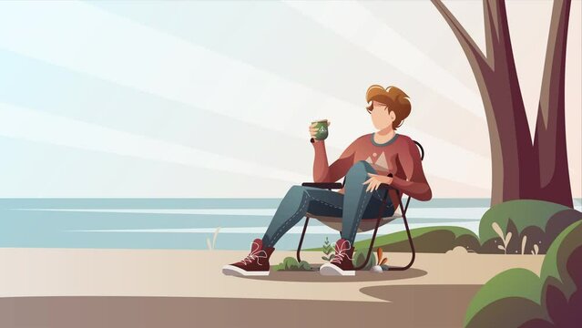 Camper sitting on a tourist chair with cup of tea in nature. Camping, traveling, camper, nature, journey concept. Animation video.