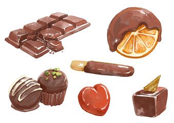 たくさんの種類のひとくちチョコレートの水彩イラスト(透過PNG)