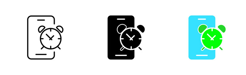 Clocks in phone set icon. Punctuality, signboard, schedule, hourglass, alarm clock, timer, stopwatch, 24, around the clock, planning. Vector icon in line, black and colorful style on white background