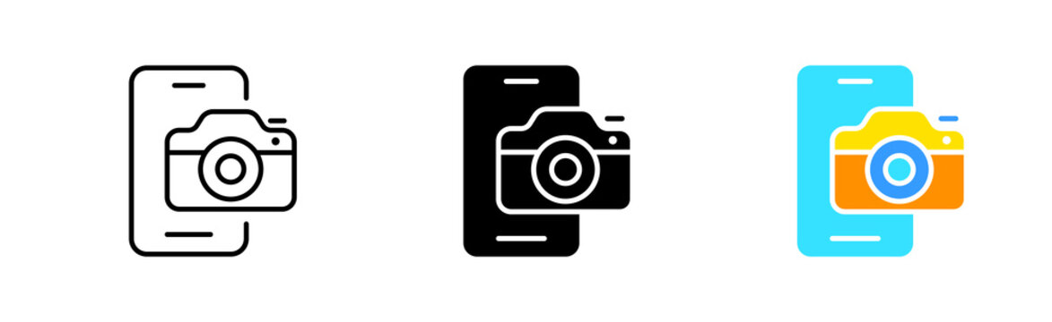 Photo cameras set icon. Take pictures, image, photographer, digital, device, shutter, lens, creative occupation, hobby, art. Vector icon in line, black and colorful style on white background