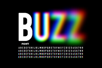 Buzz font, blurry style alphabet, letters and numbers vector illustration