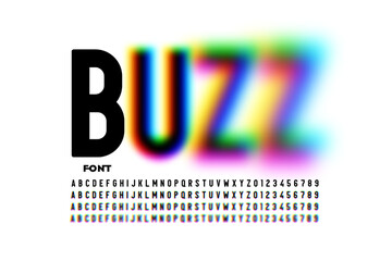 Buzz font, blurry style alphabet, letters and numbers vector illustration - obrazy, fototapety, plakaty