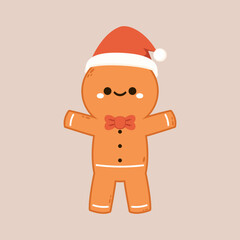 Holiday gingerbread man cookie. Cookie in shape of man with Samta claus hat. Happy new year decoration. Merry christmas holiday. New year and xmas celebration.