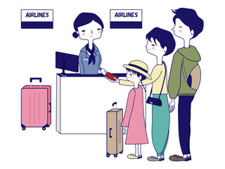 空港でチェックインをする家族