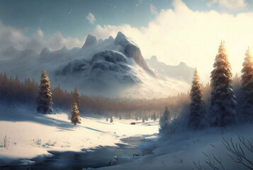 winter landscape with mountains and forest