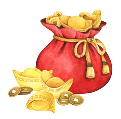 Red fortune bag full of Gold coins and Chinese gold ingot. Decoration elements for oriental New Year design. Concept of lucky money. Watercolor illustration.