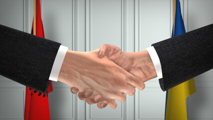 Albania and Ukraine diplomacy deal 3D illustration. Businessman partner handshake. National flag on background