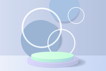 3D abstract studio with a podium on a pedestal. A pastel blue geometric platform with a circular background overlap. A modern minimalistic stage for the demonstration of cosmetic products.