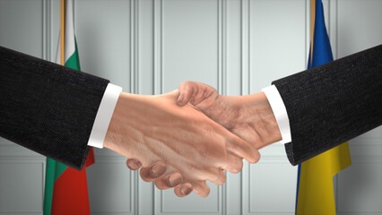 Bulgaria and Ukraine diplomacy deal 3D illustration. Businessman partner handshake. National flag on background