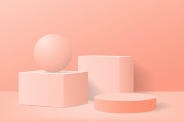 Background vector 3d pink rendering with podium and minimal pink wall scene. Geometric 3D shapes