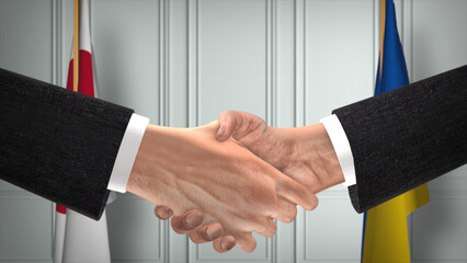 Japan and Ukraine diplomacy deal 3D illustration. Businessman partner handshake. National flag on background