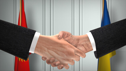 Kyrgyzstan and Ukraine diplomacy deal 3D illustration. Businessman partner handshake. National flag on background